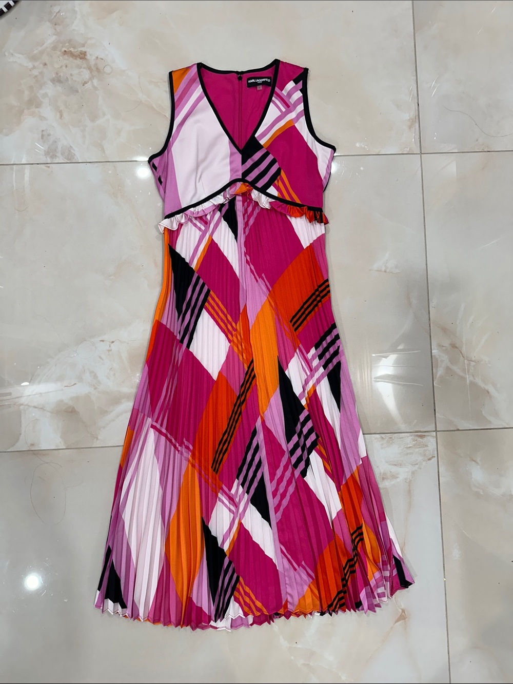 Karl Lagerfeld Pink, Orange & Black Pleated V‑Neck Maxi Dress